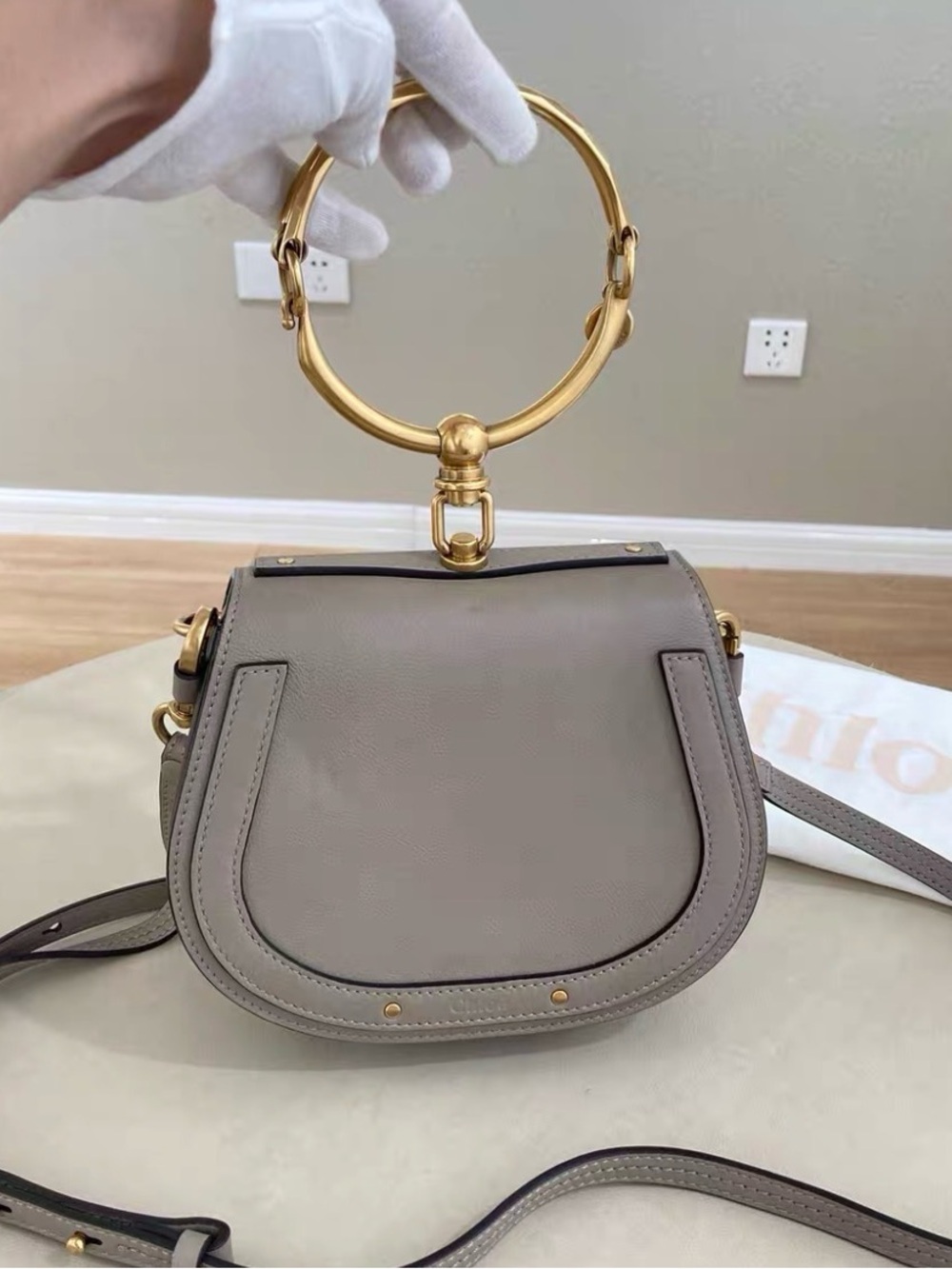 Chloe Taupe Leather Ring-Handle Crossbody Bag